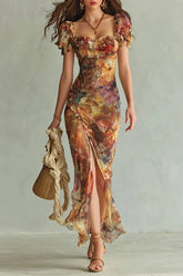 Orange Bohemian Holiday Oil Painting Print Chiffon Maxi Dress