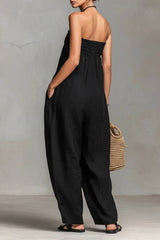 Black Minimalist Loose-fitting Faux Linen-blend Strapless Jumpsuit