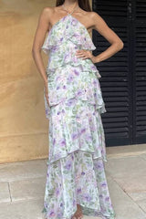 Halter Floral Print Tiered Chiffon Maxi Dress