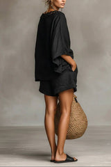Minimalist Lace Boat Neck Blouse And Shorts Set