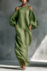 Green Off-shoulder Oversized Puff Sleeve Maxi Dress