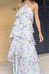 Halter Floral Print Tiered Chiffon Maxi Dress