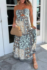 Strapless Twist Cutout Floral Print Waist-Cinched Maxi Dress