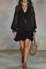 Black V-neck Lantern Sleeve Ruffled Chiffon Mini Dress