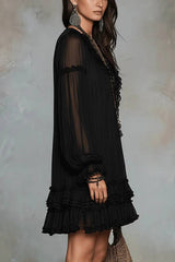 Black V-neck Lantern Sleeve Ruffled Chiffon Mini Dress
