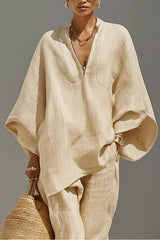Light Khaki Minimalist Asymmetrical Hem Top And Jogger Pants Suit