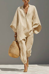 Light Khaki Minimalist Asymmetrical Hem Top And Jogger Pants Suit