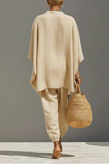 Light Khaki Minimalist Asymmetrical Hem Top And Jogger Pants Suit