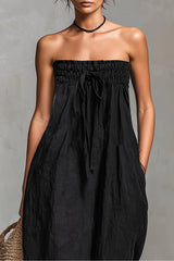 Black Minimalist Loose-fitting Faux Linen-blend Strapless Jumpsuit