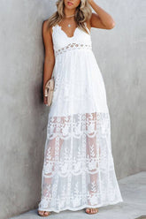 Spaghetti Strap Lace Embroidered Sheer Maxi Dress