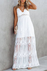 Spaghetti Strap Lace Embroidered Sheer Maxi Dress