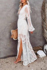 Deep V Lace Embroidered Sheer Maxi Dress