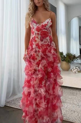 Spaghetti Strap Floral Print Tiered Slit Maxi Dress