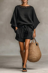 Minimalist Lace Boat Neck Blouse And Shorts Set
