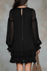 Black V-neck Lantern Sleeve Ruffled Chiffon Mini Dress