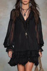 Black V-neck Lantern Sleeve Ruffled Chiffon Mini Dress