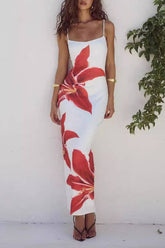 Spaghetti Strap Floral Print Bodycon Slit Maxi Dress
