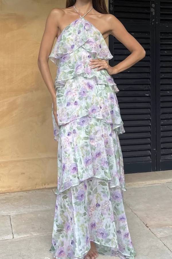 Halter Floral Print Tiered Chiffon Maxi Dress