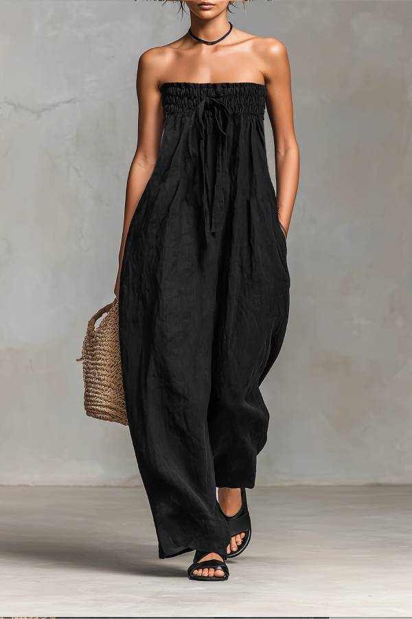 Black Minimalist Loose-fitting Faux Linen-blend Strapless Jumpsuit