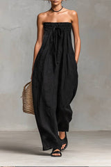 Black Minimalist Loose-fitting Faux Linen-blend Strapless Jumpsuit