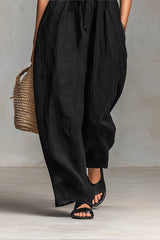 Black Minimalist Loose-fitting Faux Linen-blend Strapless Jumpsuit