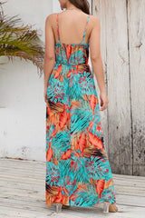 Spaghetti Strap Tropical Print Waist-Cinched Maxi Dress