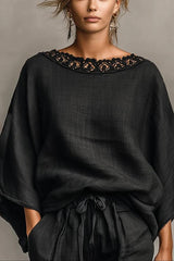 Minimalist Lace Boat Neck Blouse And Shorts Set