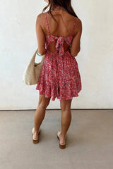 Red Floral Backless Tie Tiered Mini Dress