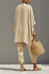 Light Khaki Minimalist Asymmetrical Hem Top And Jogger Pants Suit